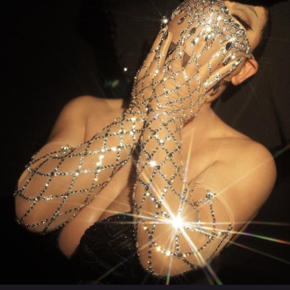 Hand Made Sheer Costume Gem Rhinestone Glitter Sparkly Roaring 20s Gloves